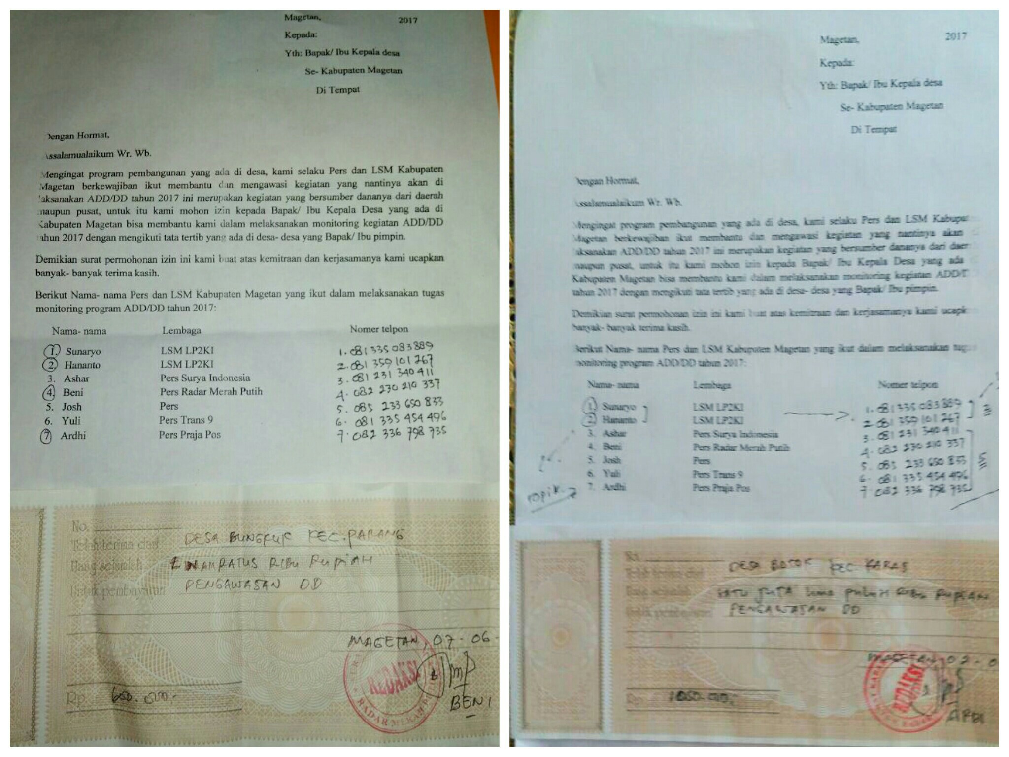 Magetan Resah. Beredar Surat Dan Kuitansi Pengawas Dana Desa Raup Jutaan Rupiah, Berikut Nama Oknum LSM dan Wartawan