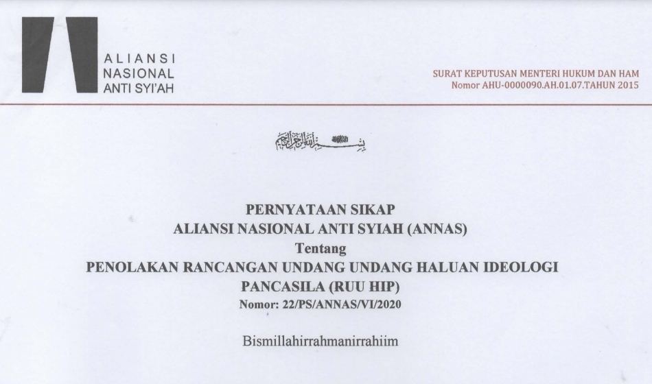 Pernyataan Tegas Aliansi Nasional Anti Syiah “TOLAK RUU HIP”