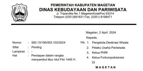Jelang Libur Lebaran 2024, Dinas Kebudayaan dan Pariwisata Magetan Keluarkan Surat Edaran