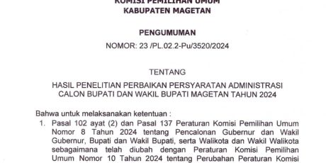KPU Magetan Nyatakan Tiga Paslon Dinyatakan Memenuhi Syarat