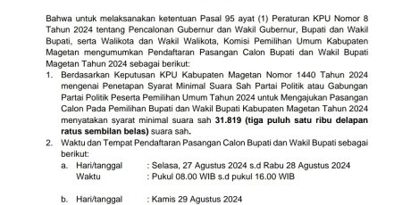 KPU Magetan Umumkan Syarat Pendaftaran Peserta Pilkada Magetan 2024